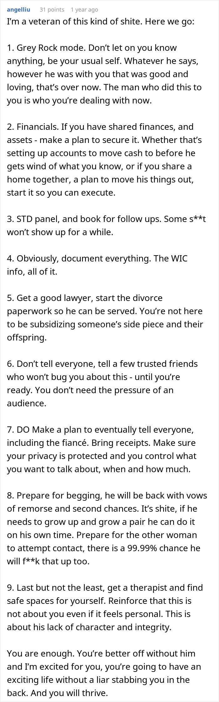 Advice on handling discovery of husband's affair baby while setting up WIC profile at work with financial and legal steps.