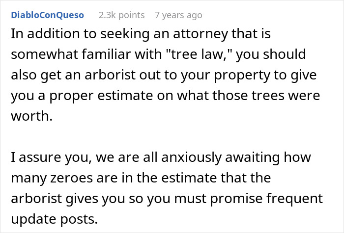 Forum post discussing seeking an attorney and arborist estimate after neighbor cuts down white oak trees without permission.