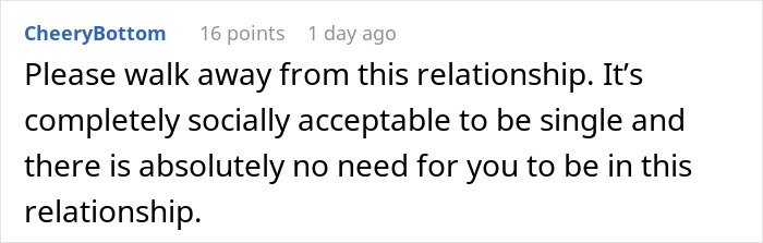 Reddit comment urging someone to leave a relationship, highlighting it&rsquo;s better to be single than in a harmful one.
