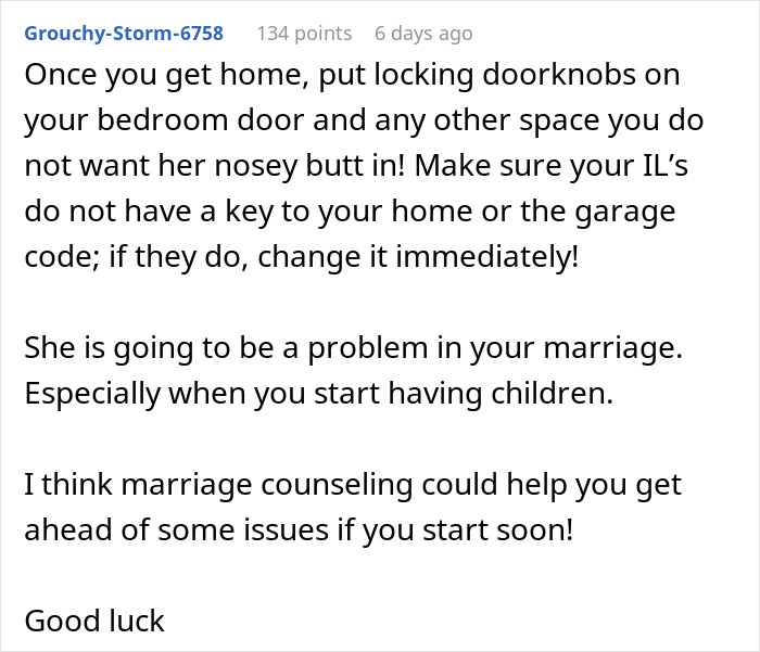 Commenter advising to secure home doors and avoid in-law conflicts, reflecting concerns tied to mil-criticizing-bikini-suitcase issues.