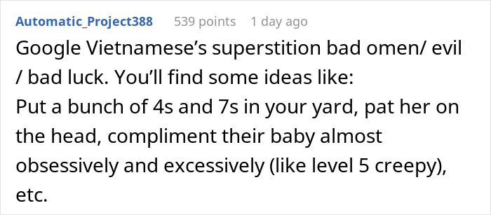 Comment discussing Vietnamese superstition and bad luck with examples related to yard rituals and behavior.