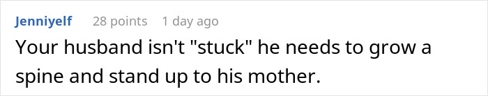 Comment discussing a husband needing to stand up to an unhinged mother-in-law making demands.