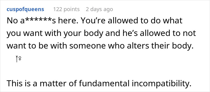Comment on Reddit discussing husband's ultimatum to wife over plastic surgery and relationship compatibility issues.