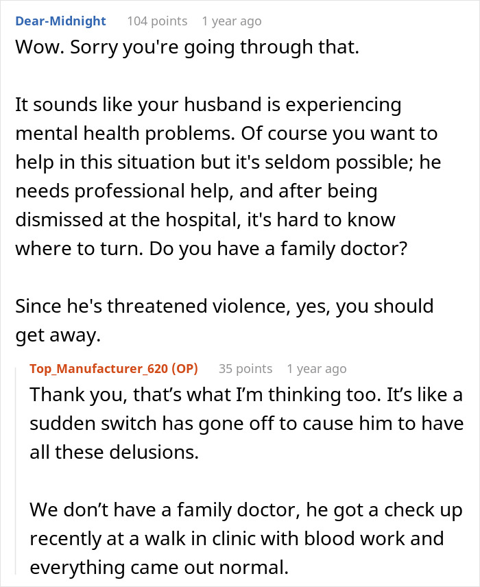 Reddit comments discussing a woman giving her husband another chance and confronting mental health challenges.