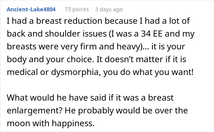Comment discussing breast reduction surgery and personal choice amid a husband's ultimatum over plastic surgery decisions.