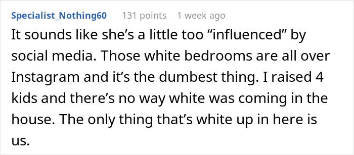 Comment about wife turned mean once got money discussing social media influence and bedroom decor preferences.