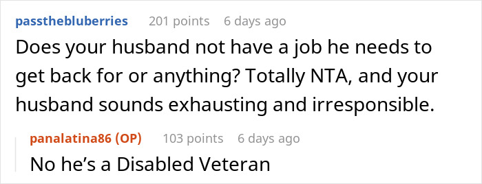 Reddit comments discussing a man who expects his wife to rescue him after missing his flight home.