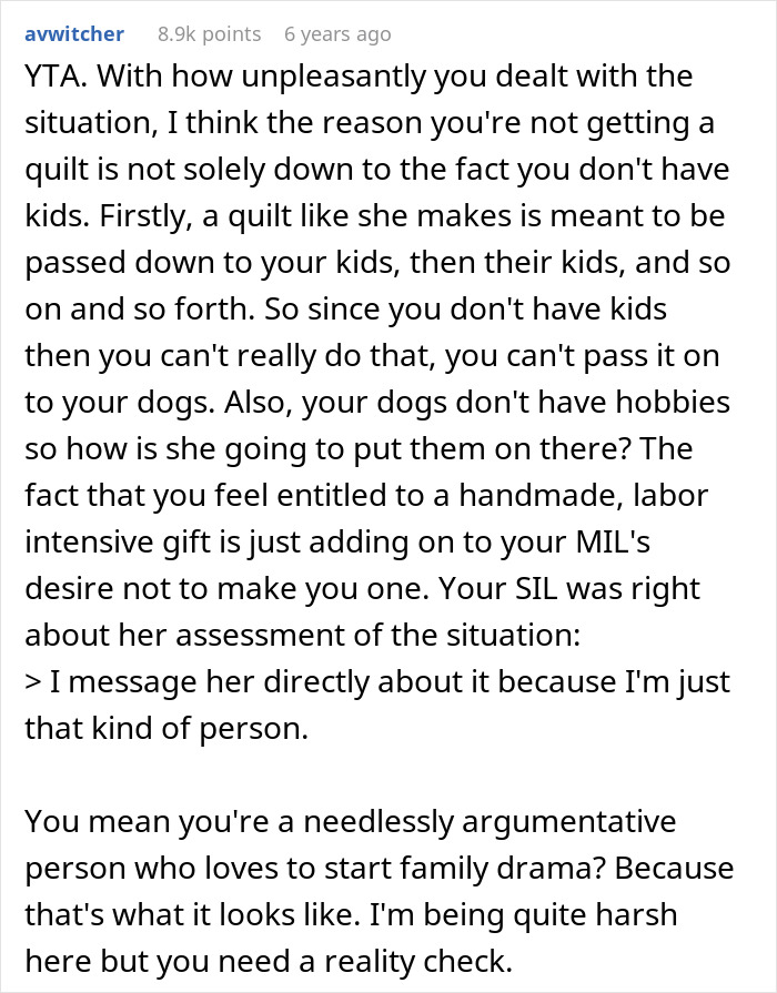 Text post from an online forum discussing a childfree woman upset that her MIL refuses to make her a family quilt. Text post from an online forum discussing a childfree woman upset that her MIL refuses to make her a family quilt.