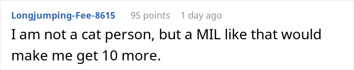 Screenshot of a Reddit comment discussing an unhinged MIL and mentioning her uninvited demands related to a cat.