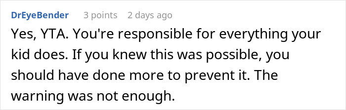 Screenshot of a Reddit comment arguing responsibility for damages after baby breaks iPhone and Gucci sunglasses.