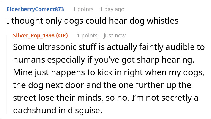 Reddit comments discussing dogs and ultrasonic sounds in relation to neighbor spying and fence holes.