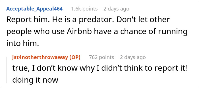 Reddit user warning about creepy Airbnb host and encouraging reporting to protect others from similar experiences.