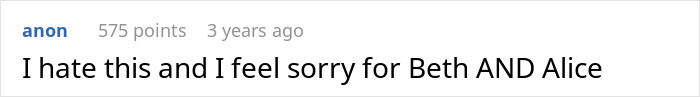 Comment on a post, expressing dislike and sympathy for two individuals named Beth and Alice.