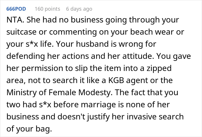 Comment criticizing invasive suitcase search and judgment on bikini and personal life in a military context.