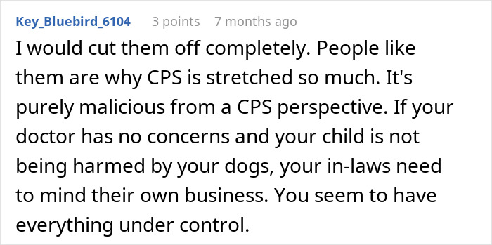 Comment discussing CPS concerns caused by spouse's parents disapproving of dogs in the house leading to stress and sleeplessness.
