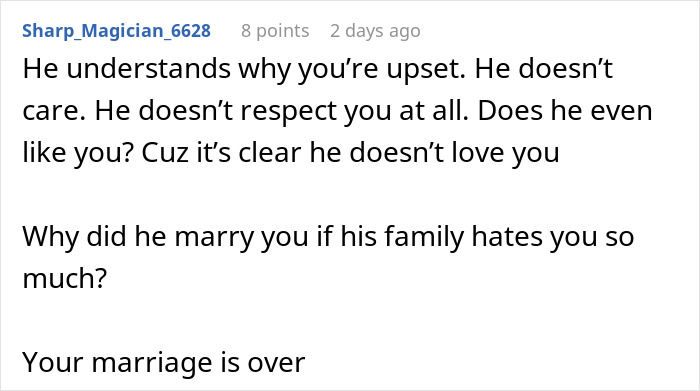 Screenshot of an online comment discussing lack of respect and love, highlighting inlaws pushing boundaries in divorce.