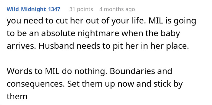 Comment advising to cut MIL out of life and set boundaries to avoid pregnancy hijacking issues with mother-in-law.