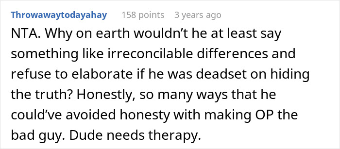 Screenshot of a Reddit comment criticizing a shallow man who lies about his wife cheating due to her weight gain.