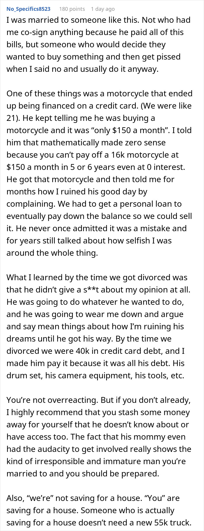 Commenter explaining financial struggles with loans and debt in a dream truck loan owes inheritance situation.