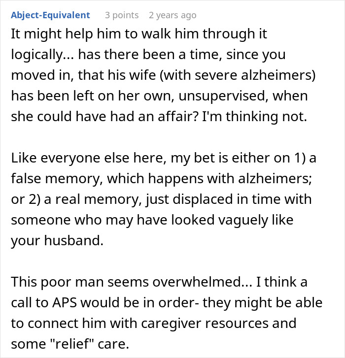 Commenter discussing elderly neighbor&rsquo;s false memory about a couple&rsquo;s affair, suggesting caregiver support and relief care options.