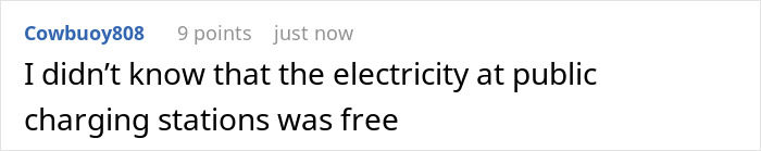 Comment about electricity being free at public EV charging stations, related to man parking car in EV charging spot.