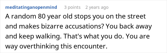 Text post discussing an elderly neighbor confronting a couple with accusations of an affair on a public street.