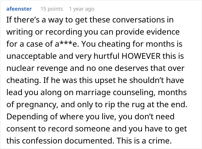 Screenshot of a forum comment discussing coerced pregnancy and emotional abuse as punishment for cheating in a marriage.