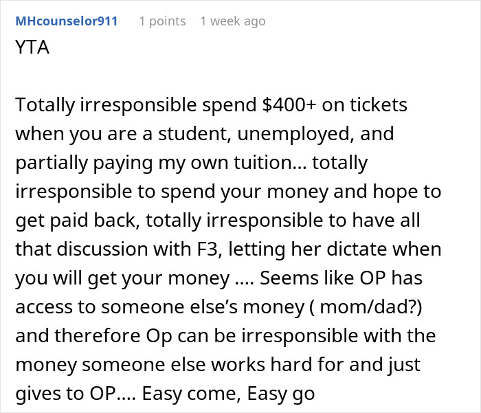 Screenshot of a forum comment discussing ticket spending and frustrations with a friend who won’t pay back money. Screenshot of a forum comment discussing ticket spending and frustrations with a friend who won’t pay back money.