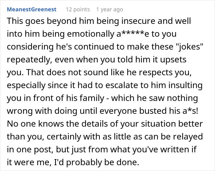 Screenshot of a Reddit comment analyzing a man&rsquo;s emotional behavior in jokes about trading his wife for a younger woman.