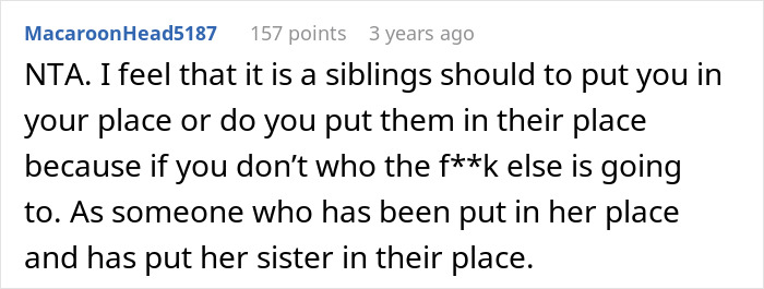 Screenshot of a Reddit comment discussing sibling dynamics and putting sisters in their place after kids talk about Easter gifts.