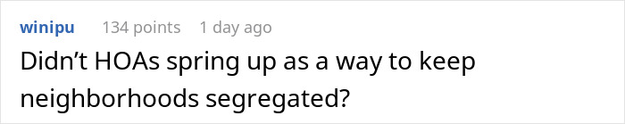 Text comment about HOAs and neighborhood segregation, highlighting HOA disputes over a family&rsquo;s house.