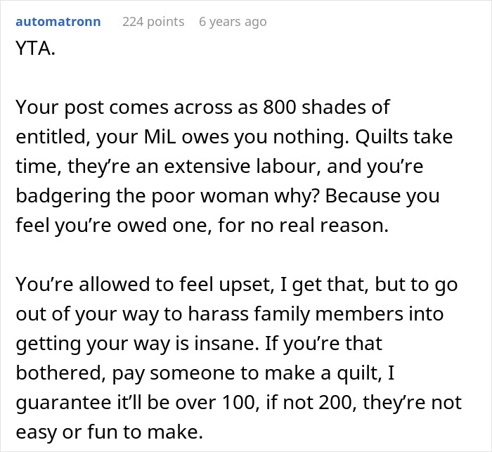 Comment discussing a childfree woman upset her MIL refuses to make a family quilt, highlighting the extensive labor involved. Comment discussing a childfree woman upset her MIL refuses to make a family quilt, highlighting the extensive labor involved.