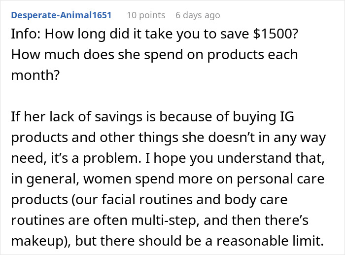 Comment discussing wife's spending habits and lack of savings related to no money no honeymoon husband wife conflict.