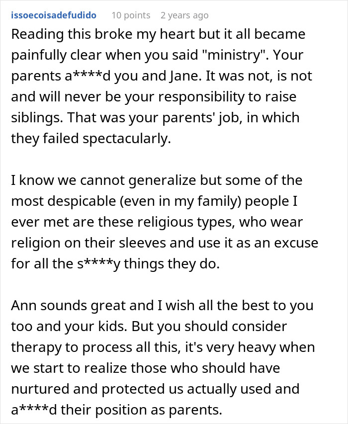 Comment text discussing parents making son raise siblings, highlighting responsibility and emotional impact on adult child.