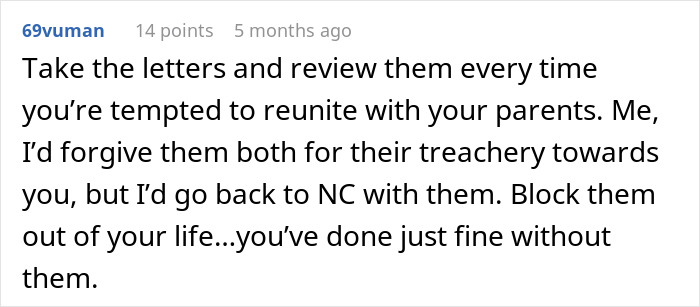 Comment advising to review hidden college acceptance letters when tempted to reunite with parents, discussing family betrayal.