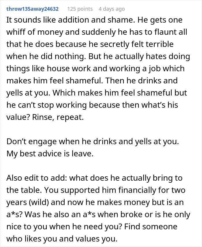 Comment discussing red flags when a man starts earning more than his girlfriend and its impact on their relationship dynamics.
