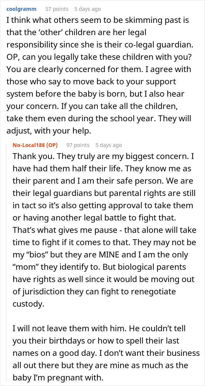 Reddit user discusses legal guardianship and custody concerns for children while pregnant wife learns husband isn&rsquo;t in love.