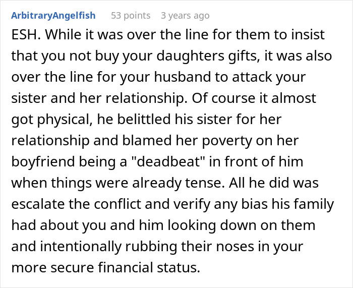 Screenshot of an online comment discussing family conflict about daughters and Easter gifts involving in-law tensions.