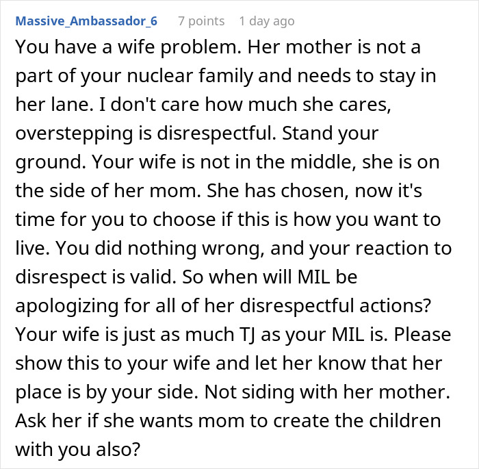Text post with advice on handling a mother-in-law banned from visiting after secret trash digging revealed.