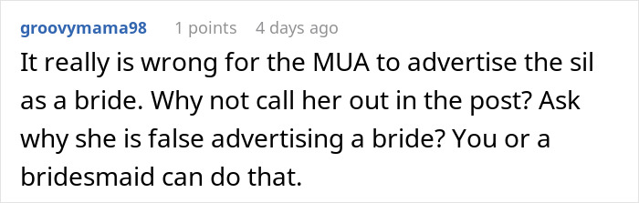 Comment discussing woman pretending to be the bride at SIL&rsquo;s wedding despite being married to the bride&rsquo;s brother.