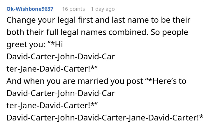 Reddit comment discussing legal name change combining full names of ex-wife, new husband, and original man.