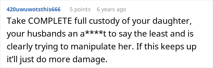 Screenshot of an online comment advising full custody due to manipulation and essential oils poisoning concerns involving a toddler.