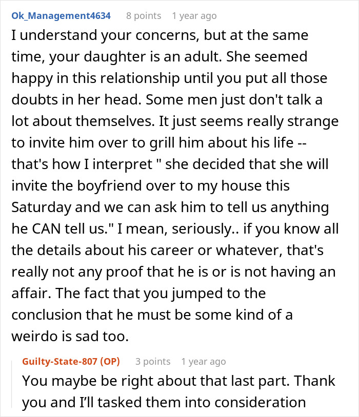 Screenshot of an online discussion about a woman&rsquo;s boyfriend acting secretive and her mom considering hiring a PI.