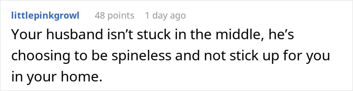 Screenshot of a Reddit comment discussing a husband not standing up for his partner during conflicts with an unhinged MIL.