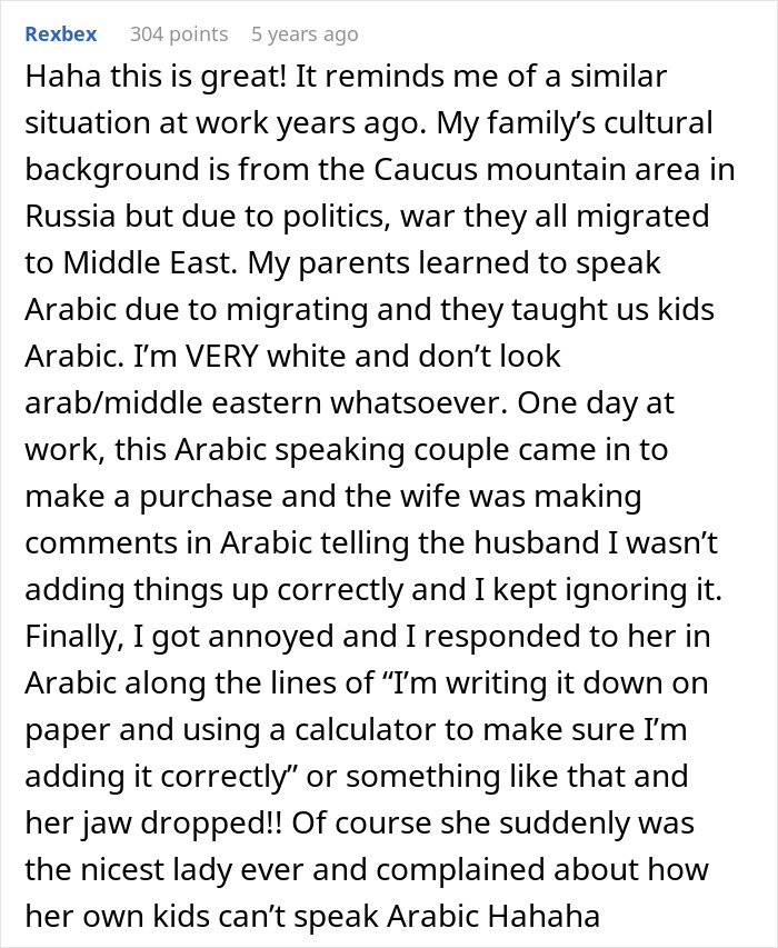 Comment about husband parents native language situation involving Arabic speaking and cultural background from Caucasus region.