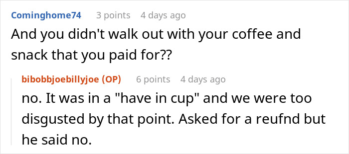 Screenshot of an online discussion where a couple criticizes caf&eacute;&rsquo;s rigid rules after wife with allergies was forced to stand outside.
