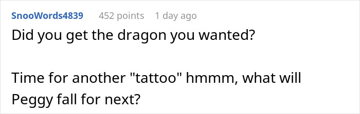 Comment on Reddit about tattoos, referencing lying pick me girl tattoo inspiration and asking about new tattoo ideas.