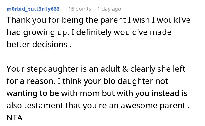 Comment expressing support for mom furious ex letting stepdaughter date and have a love nest after bio-dad said no