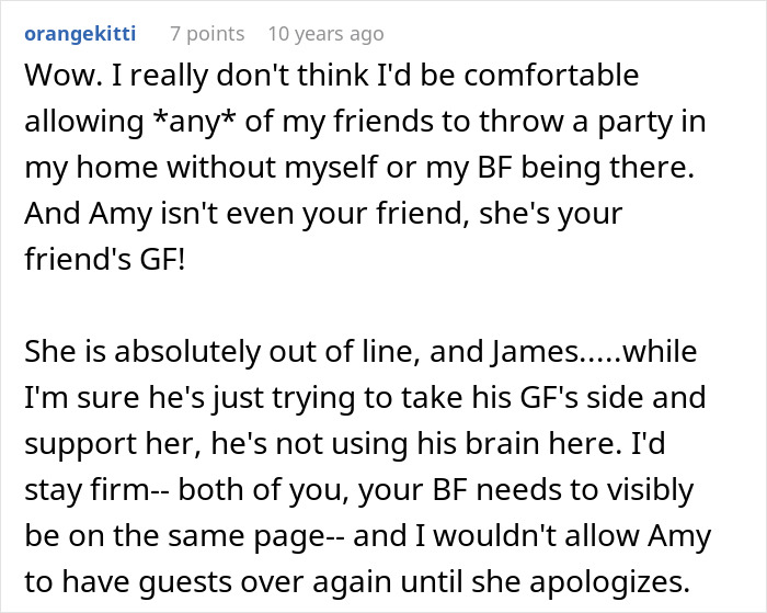 Comment discussing woman accusing homeowners of ruining her party by not leaving the home as requested.