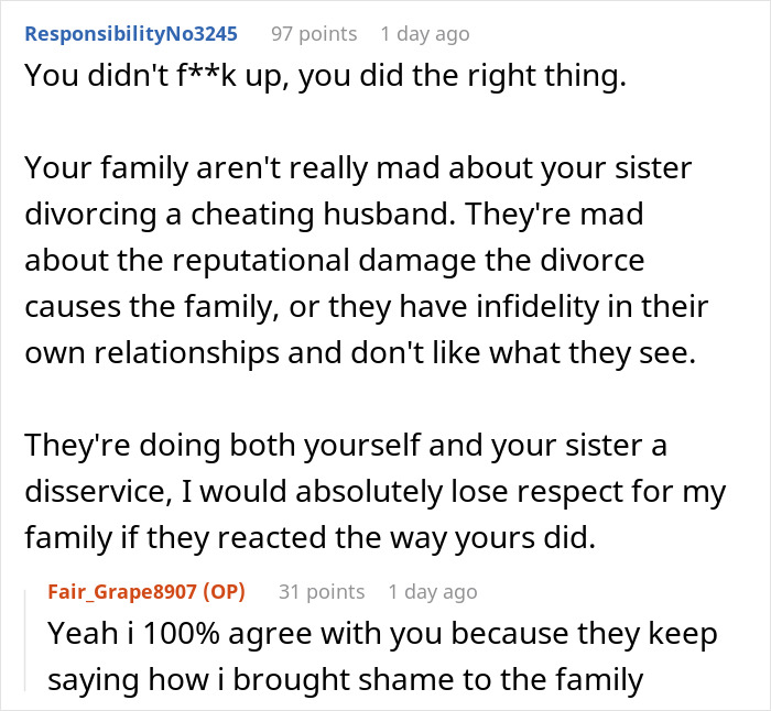Alt text: Reddit comments discussing a woman exposing her brother-in-law's cheating and the family&rsquo;s reaction to the divorce.
